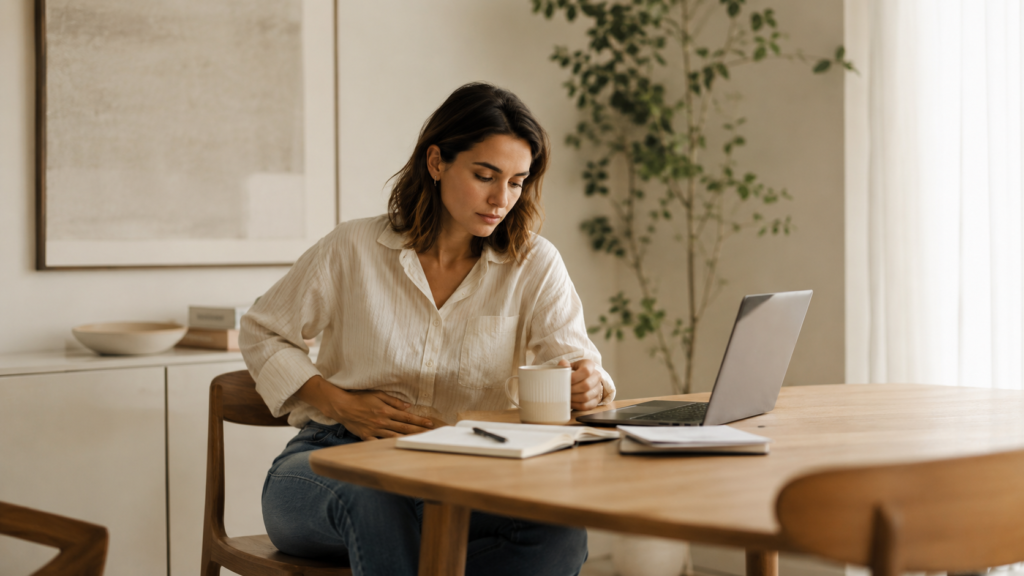 Mulher sentada em ambiente doméstico claro, com expressão introspectiva e desconforto abdominal discreto, sugerindo cólica menstrual intensa.