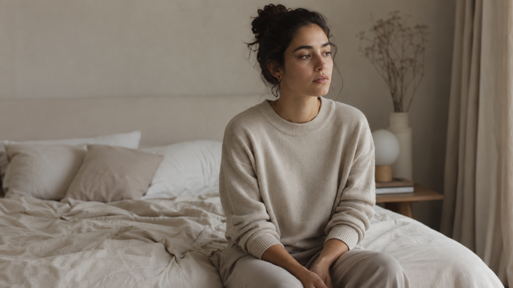 Mulher em ambiente íntimo e minimalista, com expressão reservada e postura introspectiva, representando dor na relação sexual como possível sinal de endometriose.