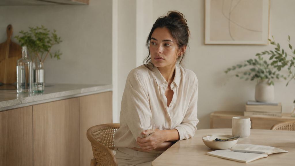 Mulher em ambiente doméstico minimalista, com postura de pausa e desconforto abdominal discreto, representando sintomas intestinais cíclicos associados à endometriose.