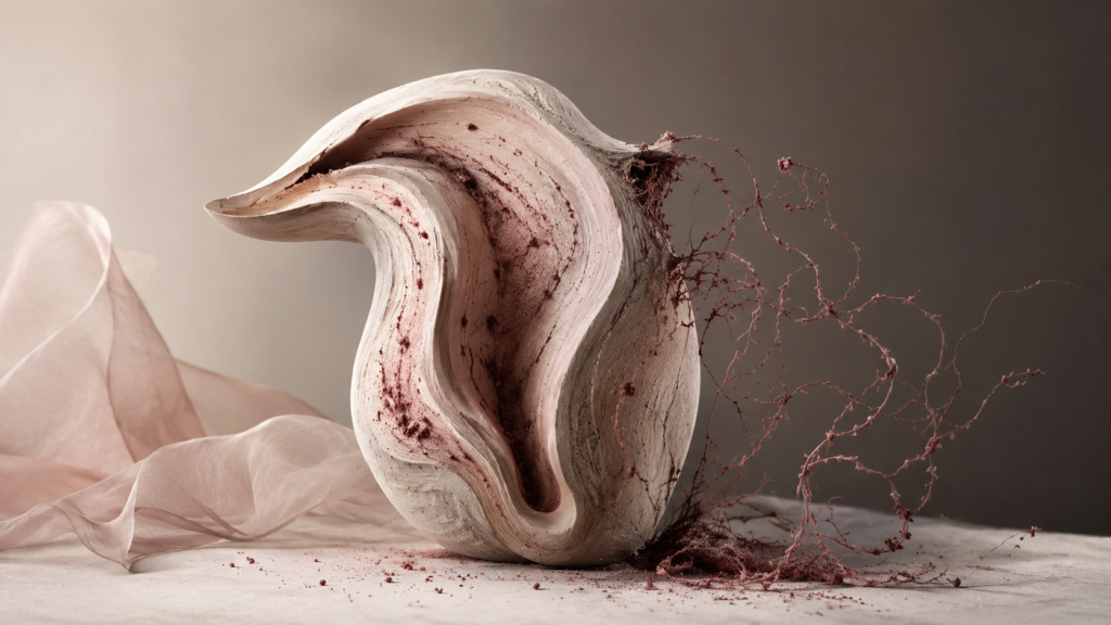 Imagem editorial abstrata representando a diferença entre adenomiose e endometriose, com duas formas visuais distintas sugerindo localização dentro da parede uterina e fora do útero.